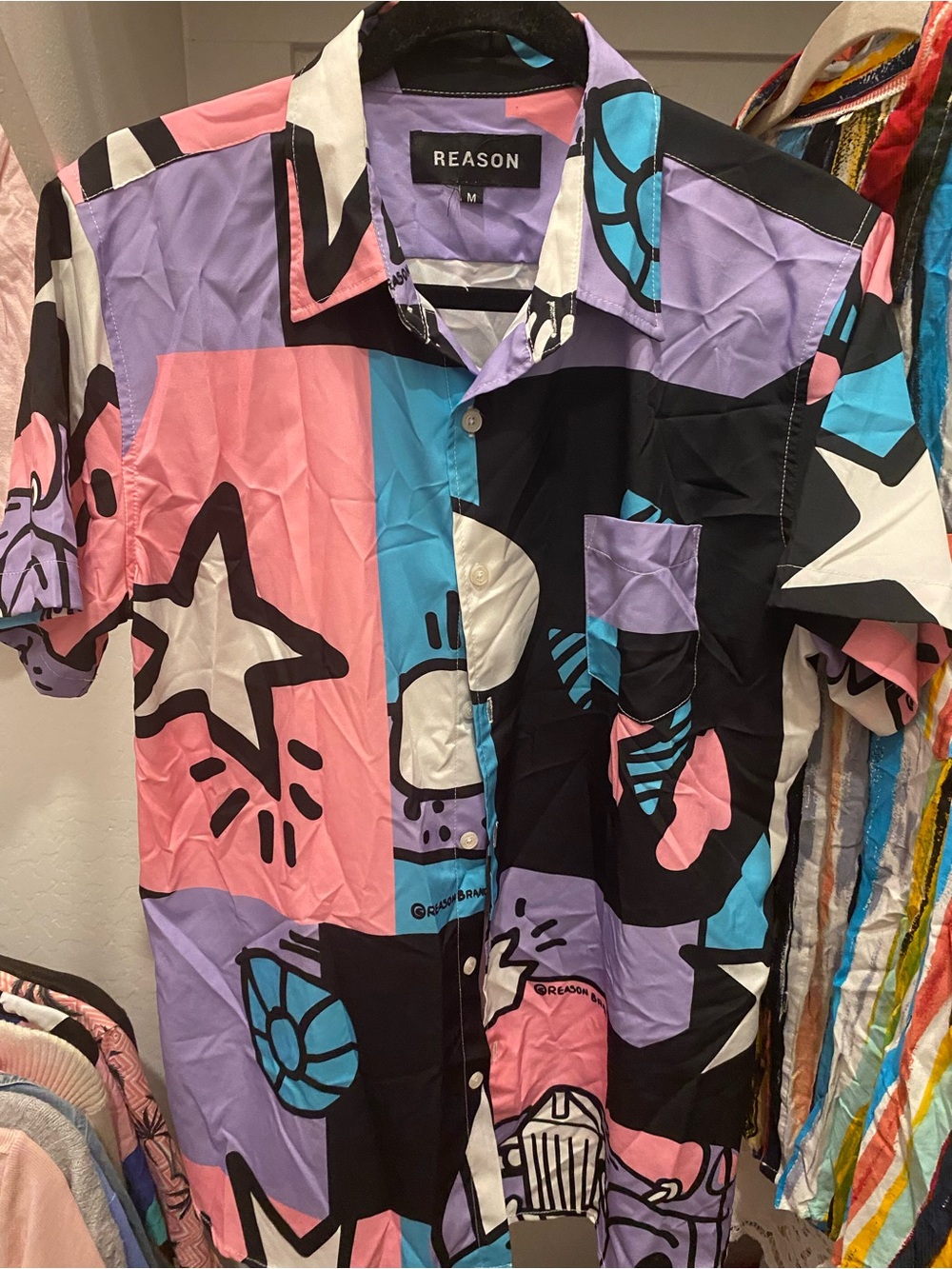 Reason Multicolor Graphic Button-Down Shirt - Pink, Purple, Blue, Black, White